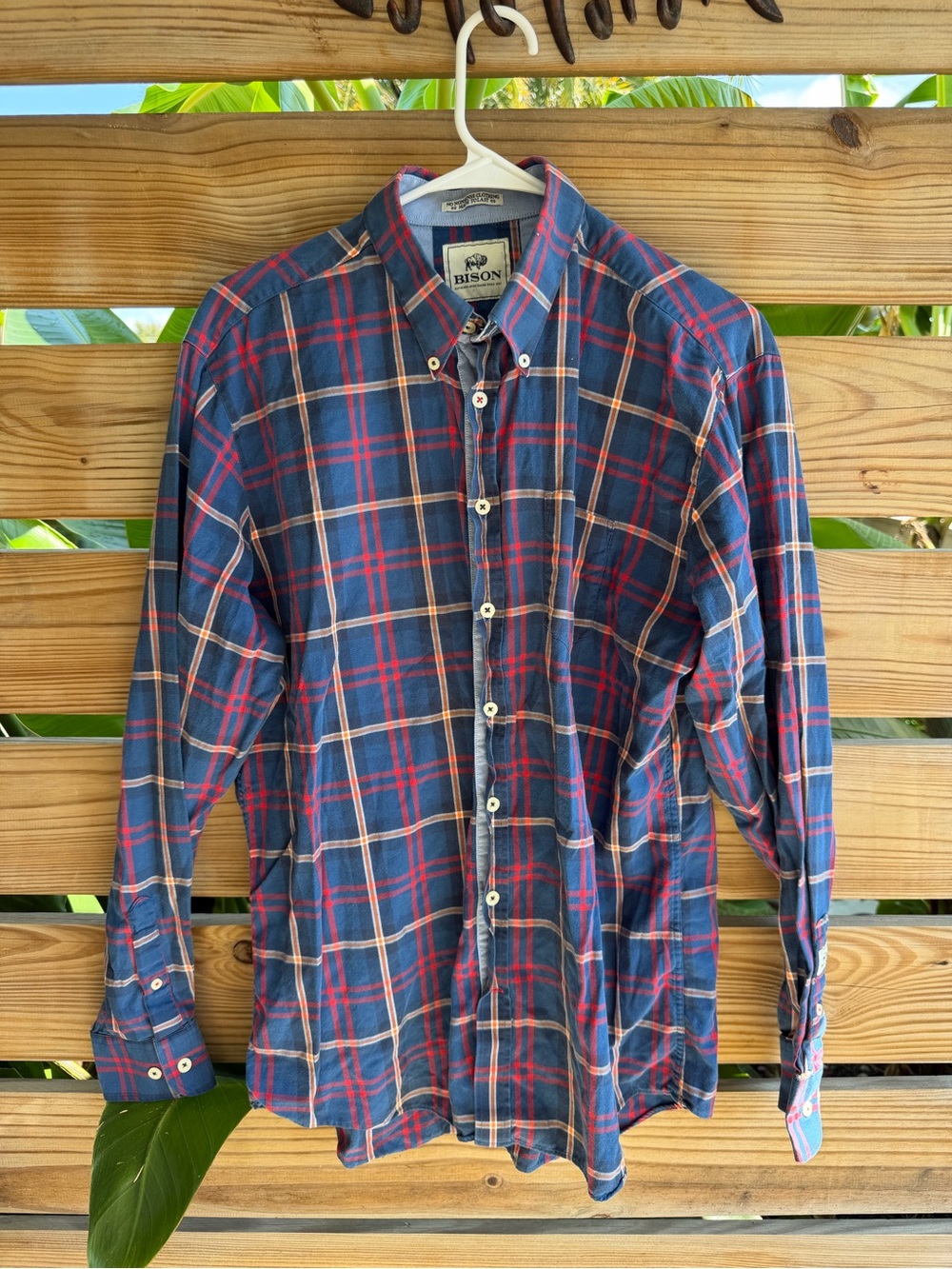 Bison Classic Plaid Button-Down Shirt — Navy & Red